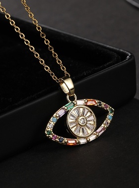 欧美跨境亚马逊爆款饰品钛钢锁骨链彩色锆石眼睛吊坠恶魔之眼项链