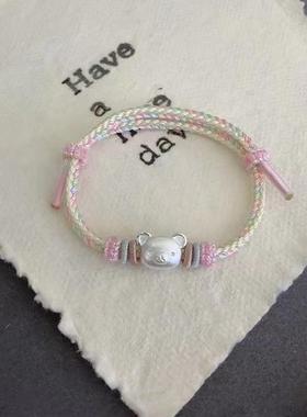 足银999小熊情侣可爱编织手链