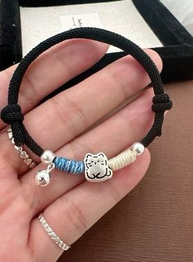 足银999招财猫本命年红绳手链男女百搭手工小铃铛编织情侣礼物