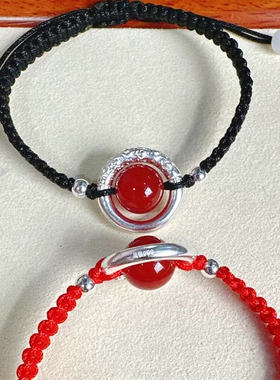 足银999精品实心平安扣相思豆红玛瑙祥云手链男女纯银编绳转运珠