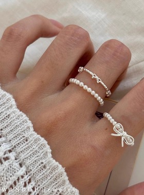 蝴蝶结串珠戒指豌豆饰物纯银原创