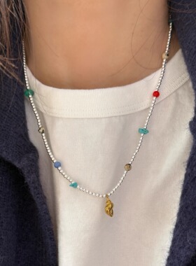 2025夏季新款彩色天然石海洋风手工串珠项链女ins设计感穿搭叠戴