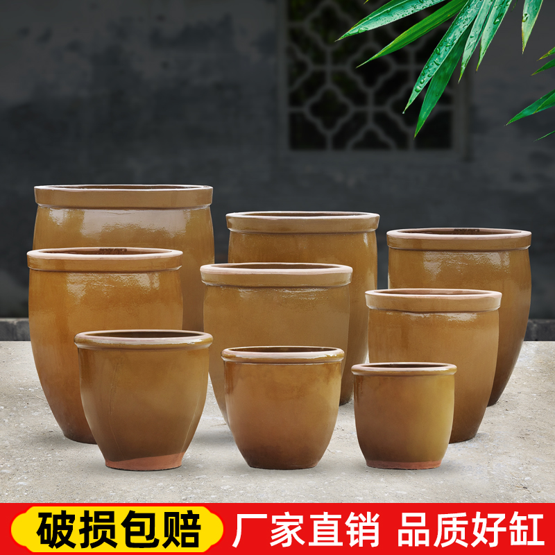 老式大号水缸陶瓷储水缸家用酱缸腌菜缸土陶发酵缸庭院养鱼荷花缸 - 图0