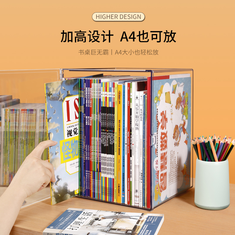 书本收纳盒透明书架儿童绘本书籍整理箱桌面神器A4亚克力置物架子-图1