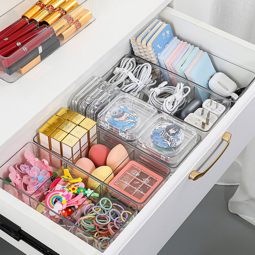 新款抽屉数据线收纳盒透明耳机电源线文具多功能理线盒桌面分格盒 - 图1