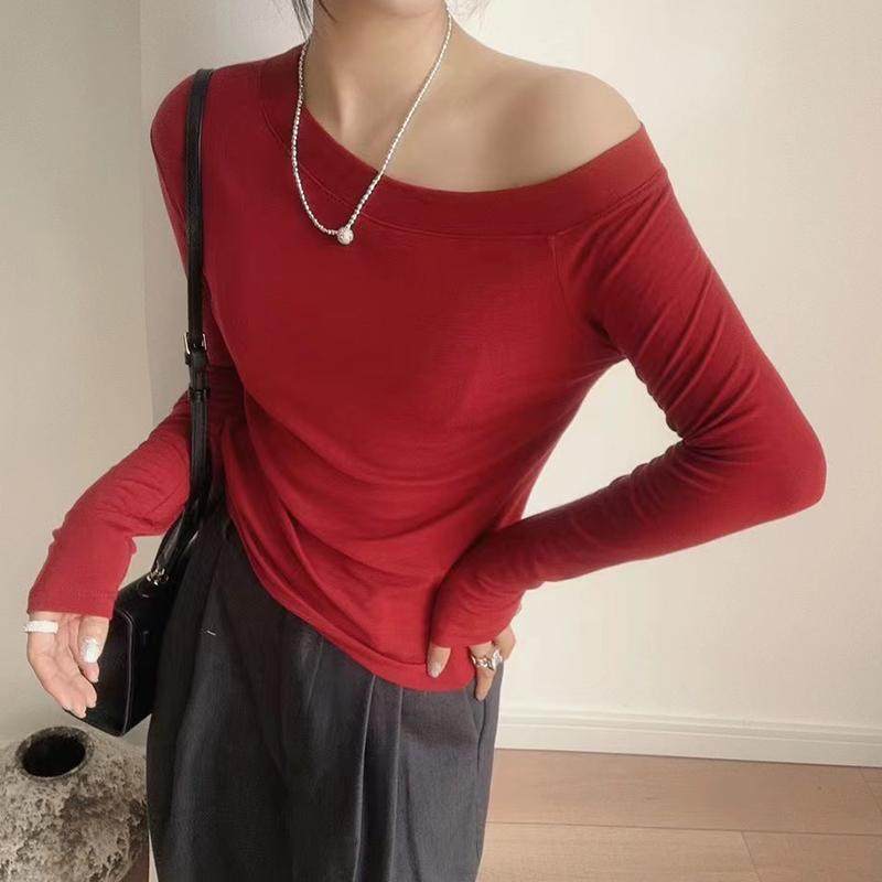 巨好看斜肩上衣高级感天丝羊毛打底衫女一字肩露肩长袖t恤修身薄,淘宝优惠券,粉丝福利购,淘宝优惠卷