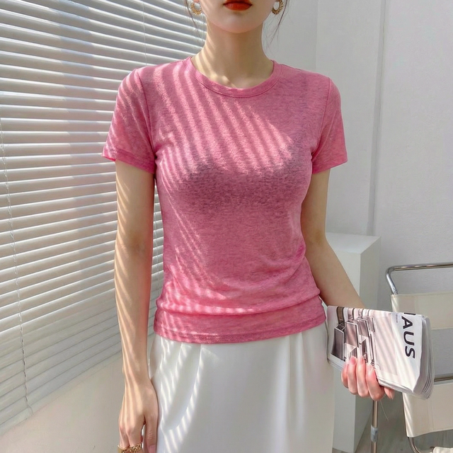 黑色网纱薄款短袖t恤女薄纱正肩