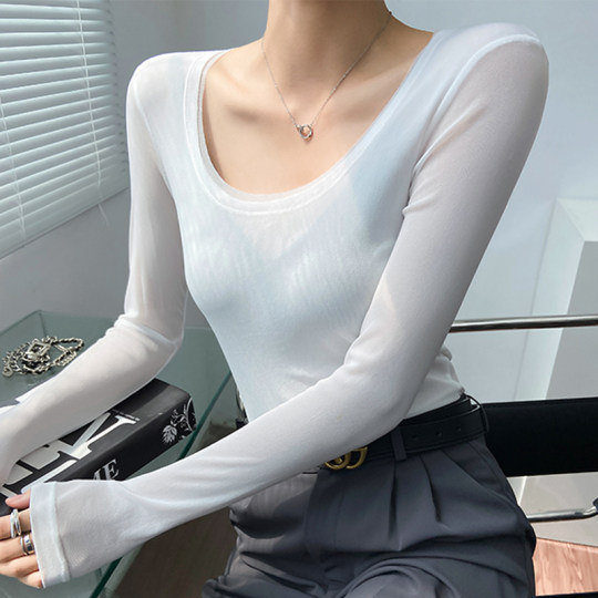 黑色U领网纱品牌打底衫女正品高档蕾丝透视上衣薄款微透内搭性感