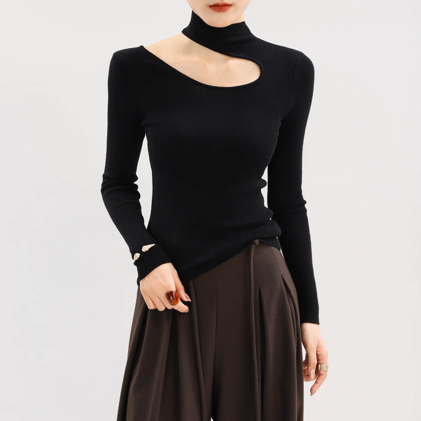 灰色高领挂脖打底衫女高端修身洋气镂空上衣高质量软糯羊毛针织衫,淘宝优惠券,粉丝福利购,淘宝优惠卷