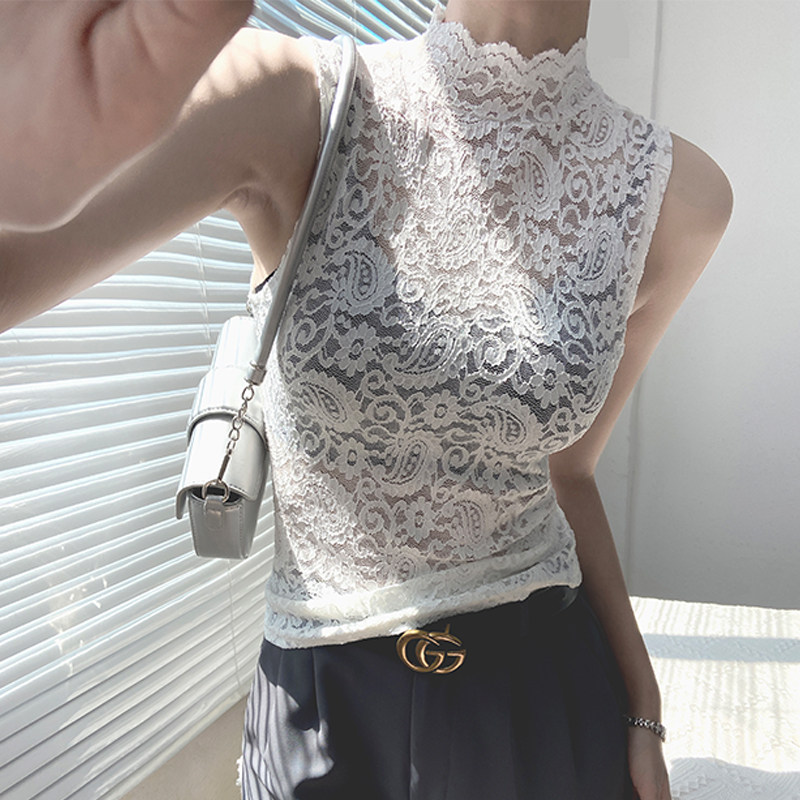 蕾丝打底衫女内搭性感镂空透视半高领上衣轻奢高级感无袖背心t恤,淘宝优惠券,粉丝福利购,淘宝优惠卷