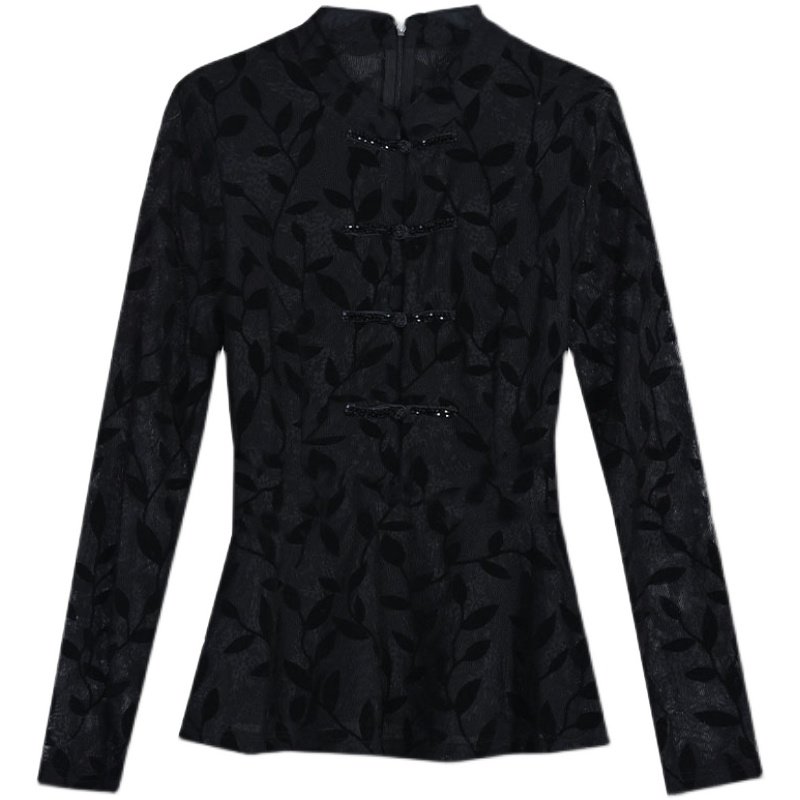 2022春款磨毛蕾丝内搭长袖中式小衫 乔凝T恤