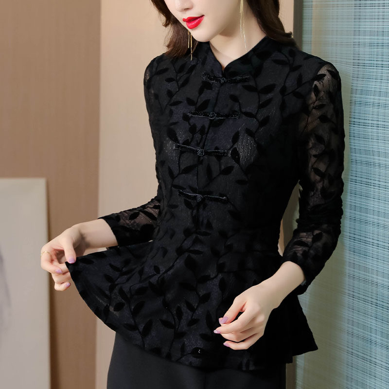 2022春款磨毛蕾丝内搭长袖中式小衫 乔凝T恤