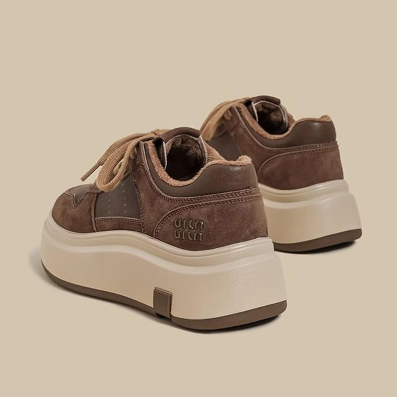 厚底松糕休闲板鞋女2025秋冬季新款棕色韩版系带加绒增高运动鞋子 - 图3