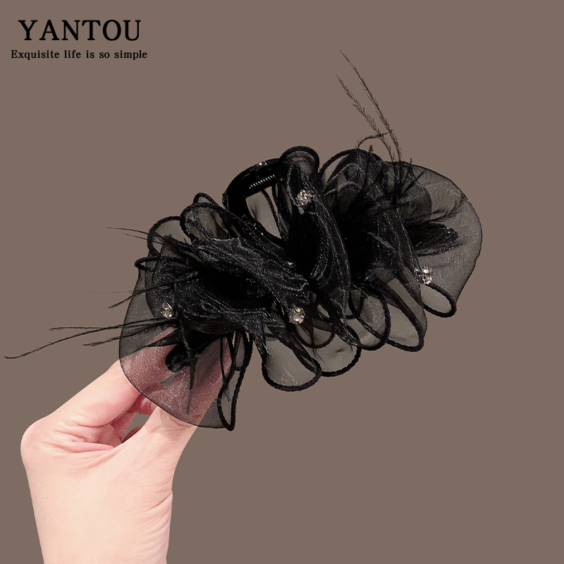 2024新款黑色羽毛抓夹女网纱发夹后脑勺鲨鱼夹蓬松增发量头饰发卡 - 图2