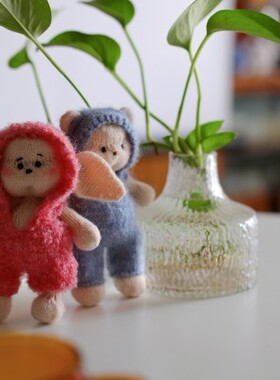 棒针小熊羊毛线棒针玩偶小摆件连体裤小熊包挂小兔毛绒玩具衣服