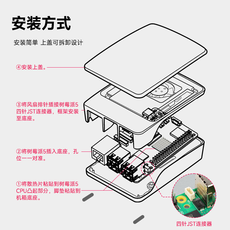 亚博智能 树莓派5代Pi5官方外壳主动散热PWM风扇ABS红白保护机箱 - 图2