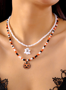 Halloween Double layer Rice Bead Neck Collar Chain Female