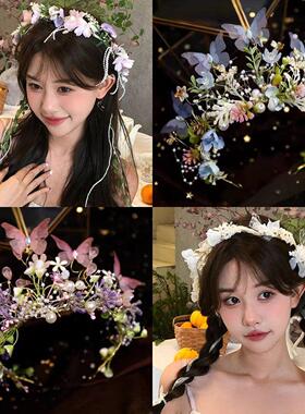 蝴蝶精灵仙子头饰少儿蓝色花环发饰女童演出礼服皇冠王冠发箍