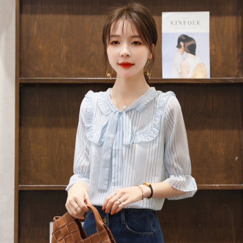 雪纺衫洋气短袖2020春夏新款衬衫 月瑞雅蕾丝衫/雪纺衫