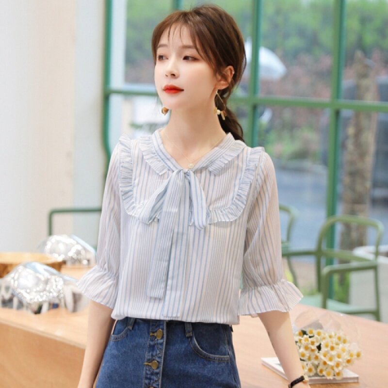 雪纺衫洋气短袖2020春夏新款衬衫 月瑞雅蕾丝衫/雪纺衫