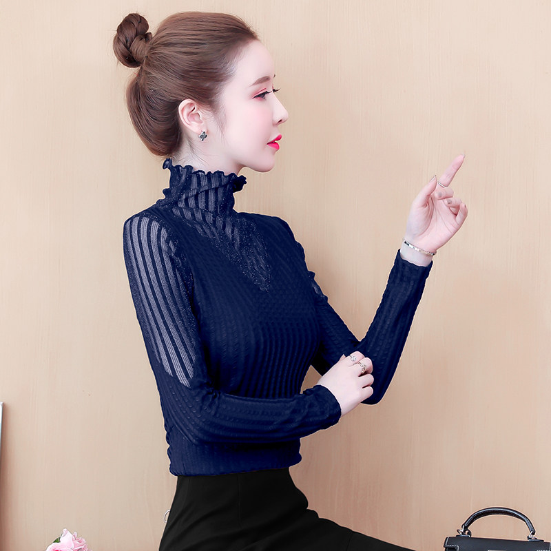 高领蕾丝小衫女士内搭网纱收腰t恤 月瑞雅T恤