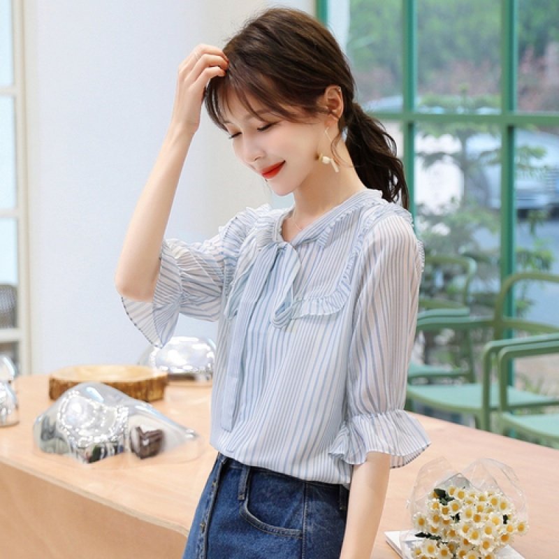 雪纺衫洋气短袖2020春夏新款衬衫 月瑞雅蕾丝衫/雪纺衫