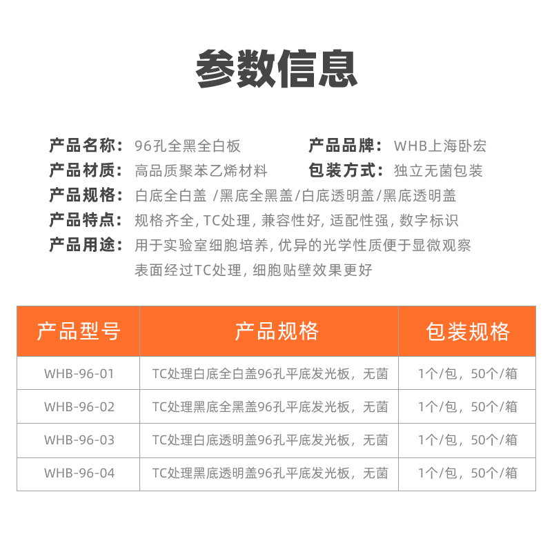 WHB96孔全白全黑细胞培养板独立包装化学发光板黑色酶标板 黑色/白色培养板 纸塑盒TC处理WHB-96-01/02/03/04 - 图2