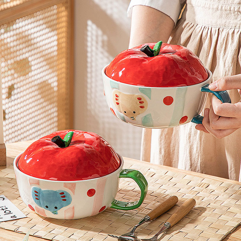 可爱陶瓷泡面碗家用带盖饭碗宿舍学生方便面碗食堂打饭碗带手柄