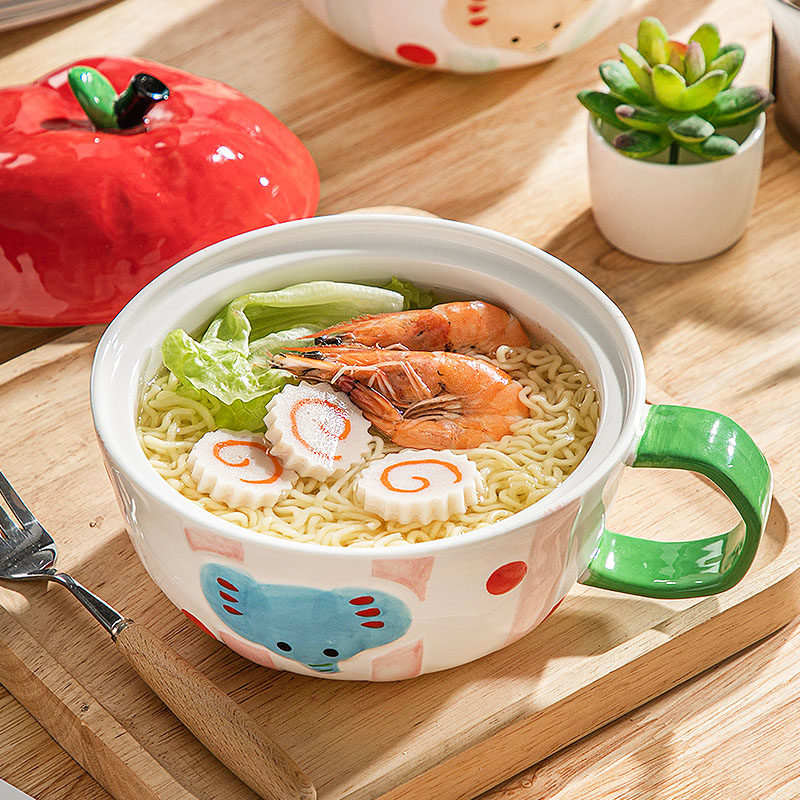 可爱陶瓷泡面碗家用带盖饭碗宿舍学生方便面碗食堂打饭碗带手柄