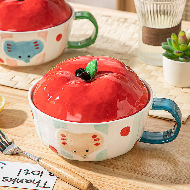 可爱陶瓷泡面碗家用带盖饭碗宿舍学生方便面碗食堂打饭碗带手柄