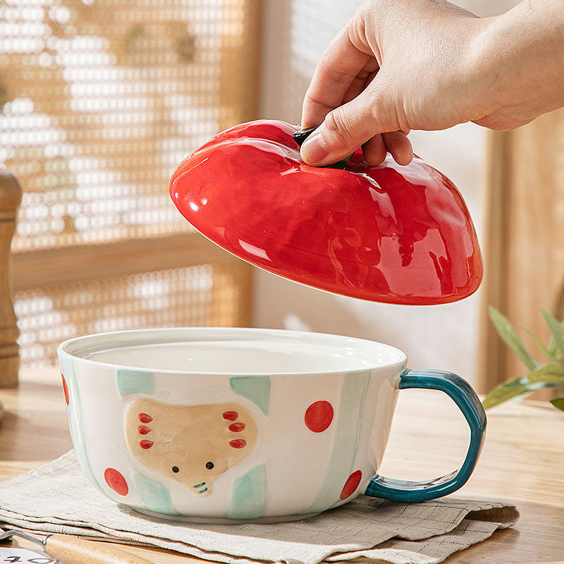 可爱陶瓷泡面碗家用带盖饭碗宿舍学生方便面碗食堂打饭碗带手柄