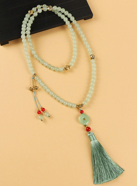 新中式绿琉璃串珠项链中国风长款高级感流苏毛衣链女旗袍古韵配饰