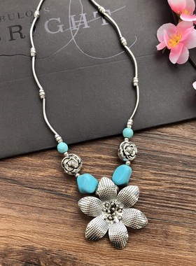 手工欧美民族风藏银松石短款项链 古韵气质简约个性吊坠挂件配饰