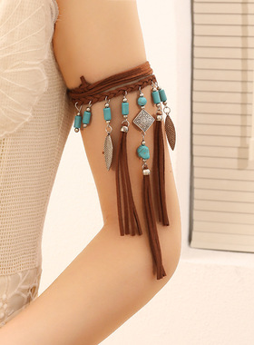 欧美波西米亚手臂项链民族风女锁骨链松石流苏臂链古韵度假风配饰