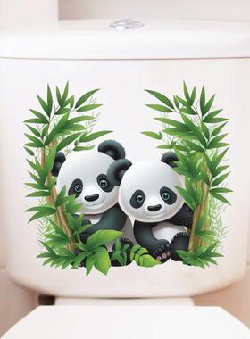 两只可爱竹林熊猫创意浴室装饰贴画防水卫生间马桶贴纸自粘水箱贴