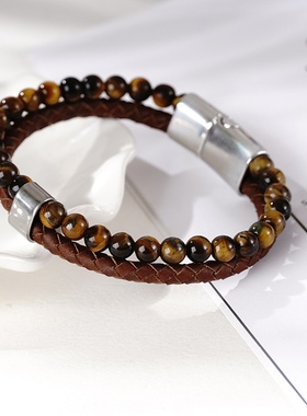 2023欧美跨境复古时尚男士潮流棕色天然虎石男女简约双层皮磁铁扣