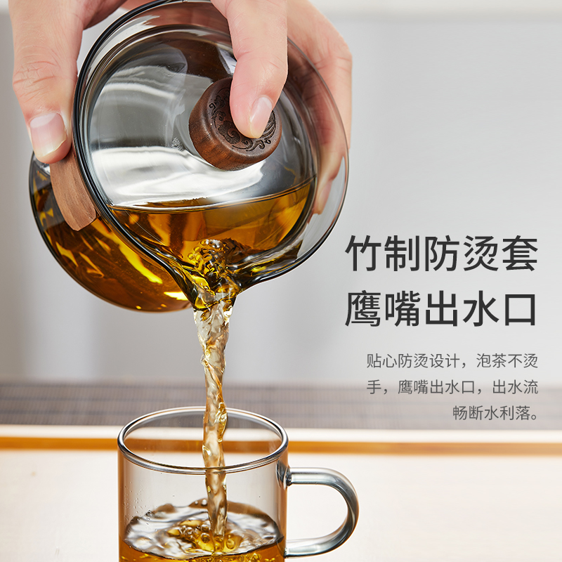 玻璃盖碗茶杯家用大号防烫三才泡茶碗带盖单个手抓壶功夫茶具套装 - 图1