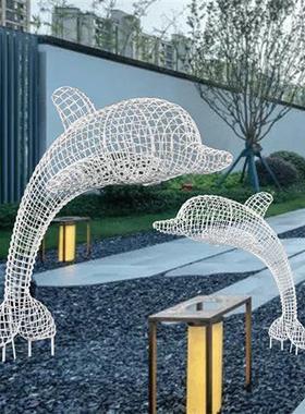 田园金属摆件不锈钢铁艺动物雕塑金属网格镂空户外水景海豚装饰品