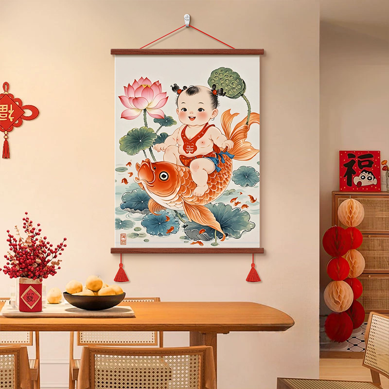 年画娃娃送子图宝宝画墙面挂画备孕男女龙凤胎壁画金童玉女装饰画 - 图2