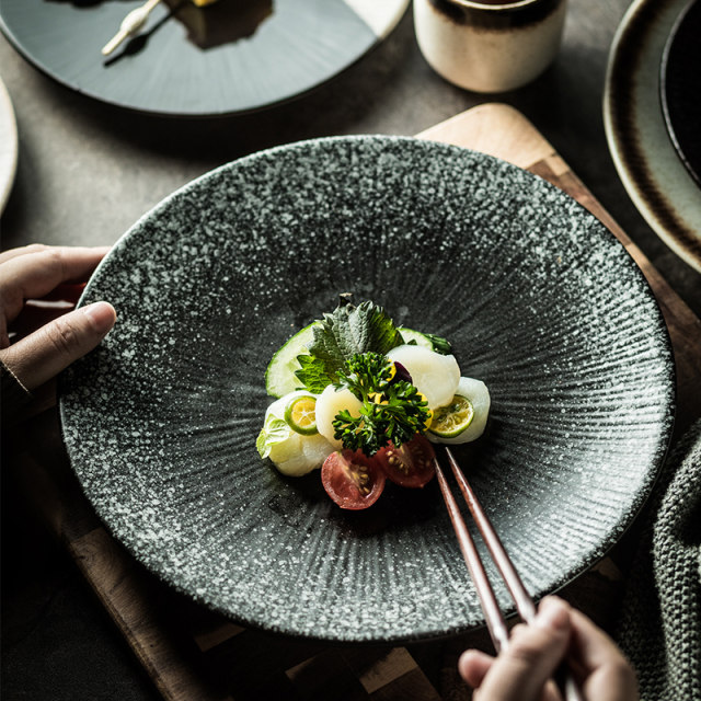 Japanese striped shallow dish oven ceramic plate Creative Western cuisine plate Steak plate Dim sum flat plate rice plate with dish plate