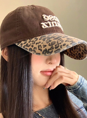 字母刺绣豹纹棒球帽女美式复古显脸小鸭舌帽宽帽檐大头围软顶帽子
