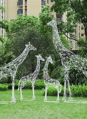 户外不锈钢镂空梅花鹿雕塑小区园林草坪售楼部铁艺长颈鹿装饰摆件