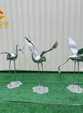 不锈钢雕塑定制仙鹤镜面售楼处水池草坪装饰火烈鸟白鹭摆件玻璃钢