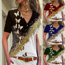 European and American cross-border women 2022 short sleeves new Amazon wish fashion casual print trend V collar hot-pin T-shirt