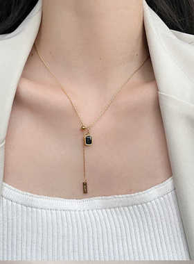 抽拉绿色方块锆石项链女2025新款