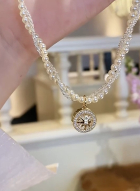 法式双层施家珍珠满天星麻花项链