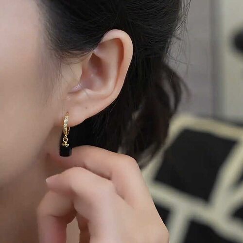 黑色方块吊坠耳扣耳环2026新款防过敏微镶锆石耳扣气质韩国耳饰女 - 图3
