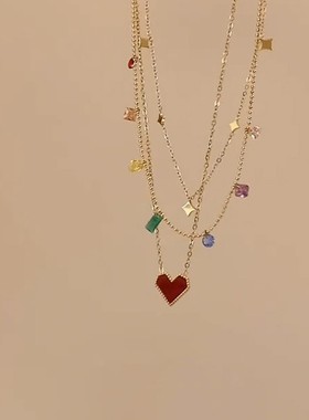 S925纯银多层红爱心吊坠闪钻项链