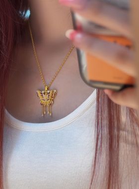 流苏蝴蝶珐琅精品古法珍珠吊坠