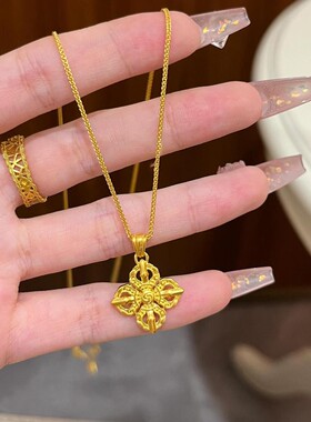 古法黄金色十字金刚杵四叶花项链